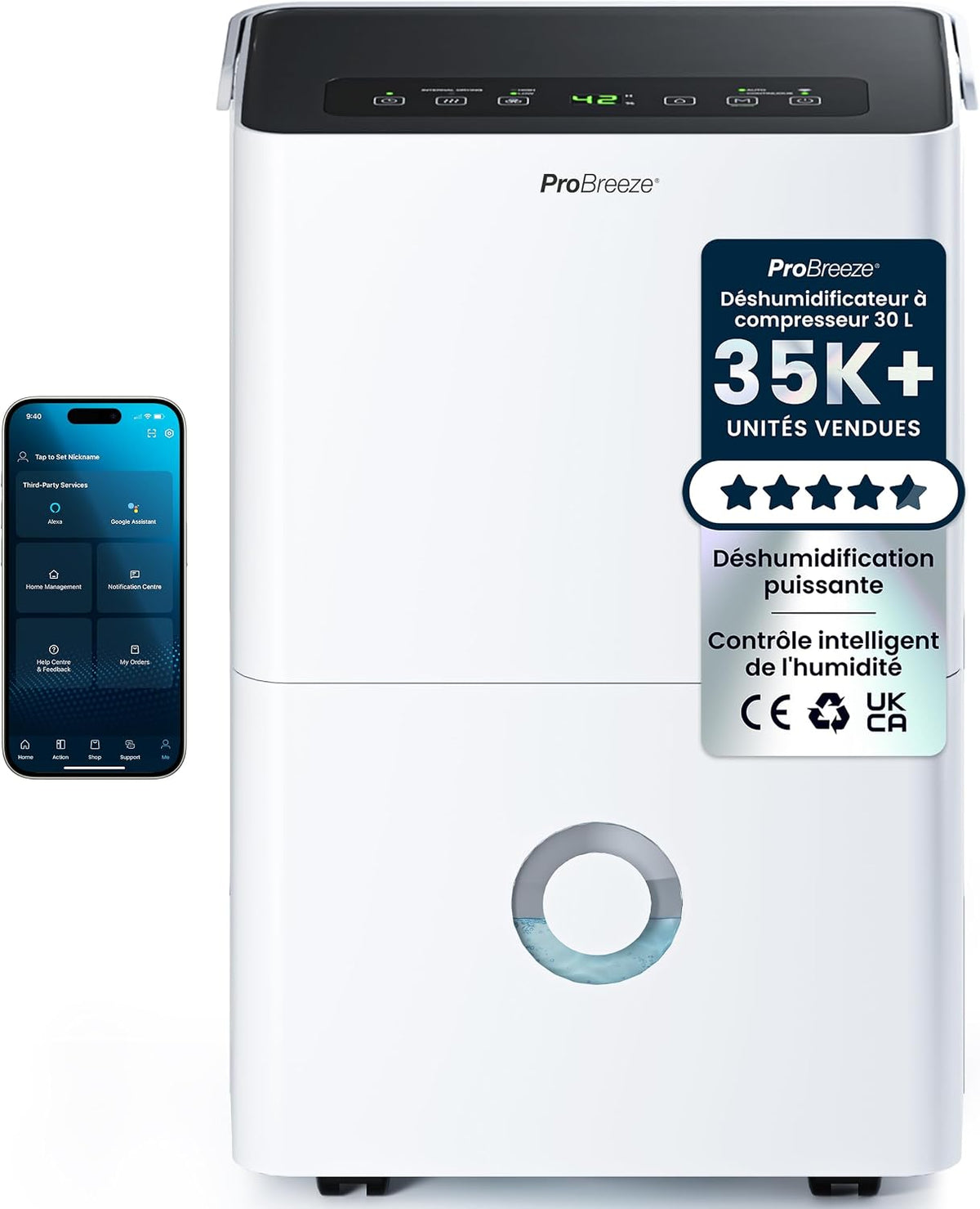D¨¦shumidificateur, Wi-Fi, 3 modes, Pro Breeze, 30L, R¨¦servoir d'eau 4L et Minuterie 24h, portable, Drainage continu