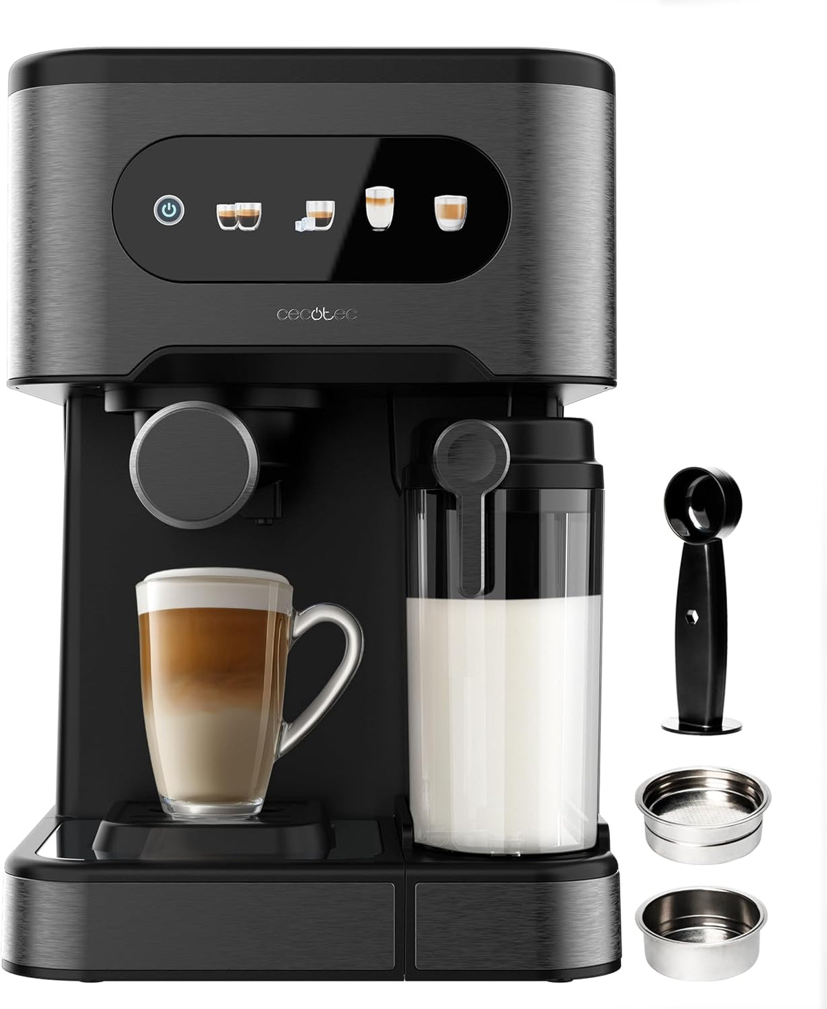 Machine ¨¤ caf¨¦ Cecotec, 500 ml, Acier Fonc¨¦, 1, 5 l, 1350 W, 1350W, 1, 5L, 500ml, 20 Bars, R¨¦servoir d'Eau 1, 5L, 500ml de Lait, Double Bras