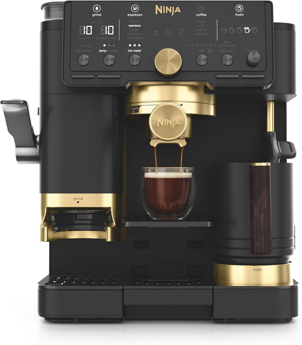 NINJA 3-en-1 ES771EUBK Machine ¨¤ caf¨¦, 35, 5 cm, noir/or ES771EUBK, 5 pr¨¦r¨¦glages automatiques de mousse, Luxe Caf¨¦ Pro
