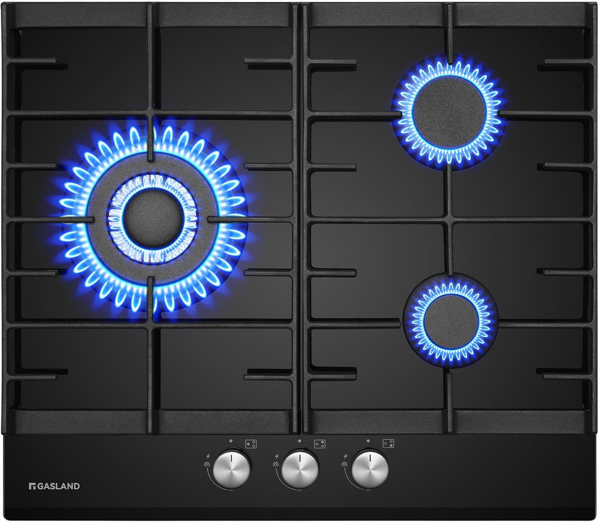 Plaque de cuisson GASLAND GH603BF, verre, 4 foyers avec br?leur wok triple couronne, 60 cm, 6200 W, 56 ¡Á 48 cm, 240 V, 6, 2 kW, 1, 0 kW, 3, 4 kW