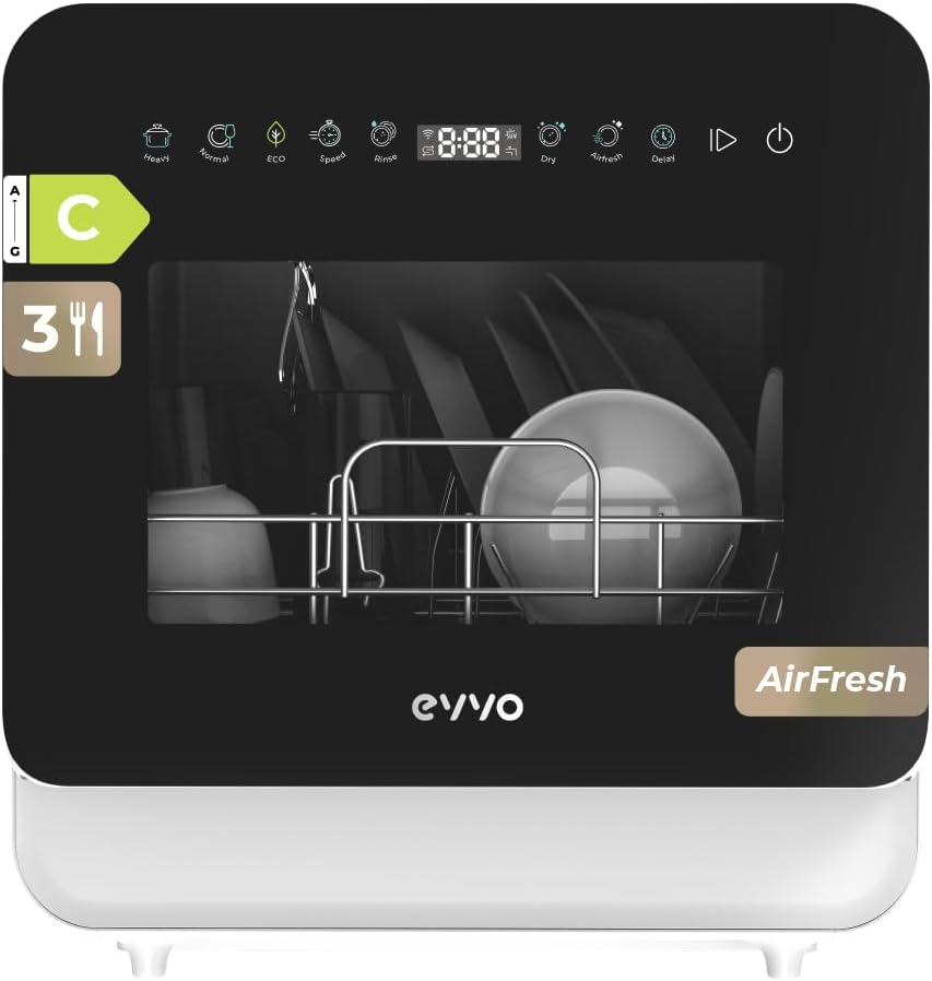 EVVO Lave-vaisselle, 45 cm, ¨¦clairage LED, 3 places, 6 programmes, ¨¦cran tactile LED, commande tactile, portable, extra air frais