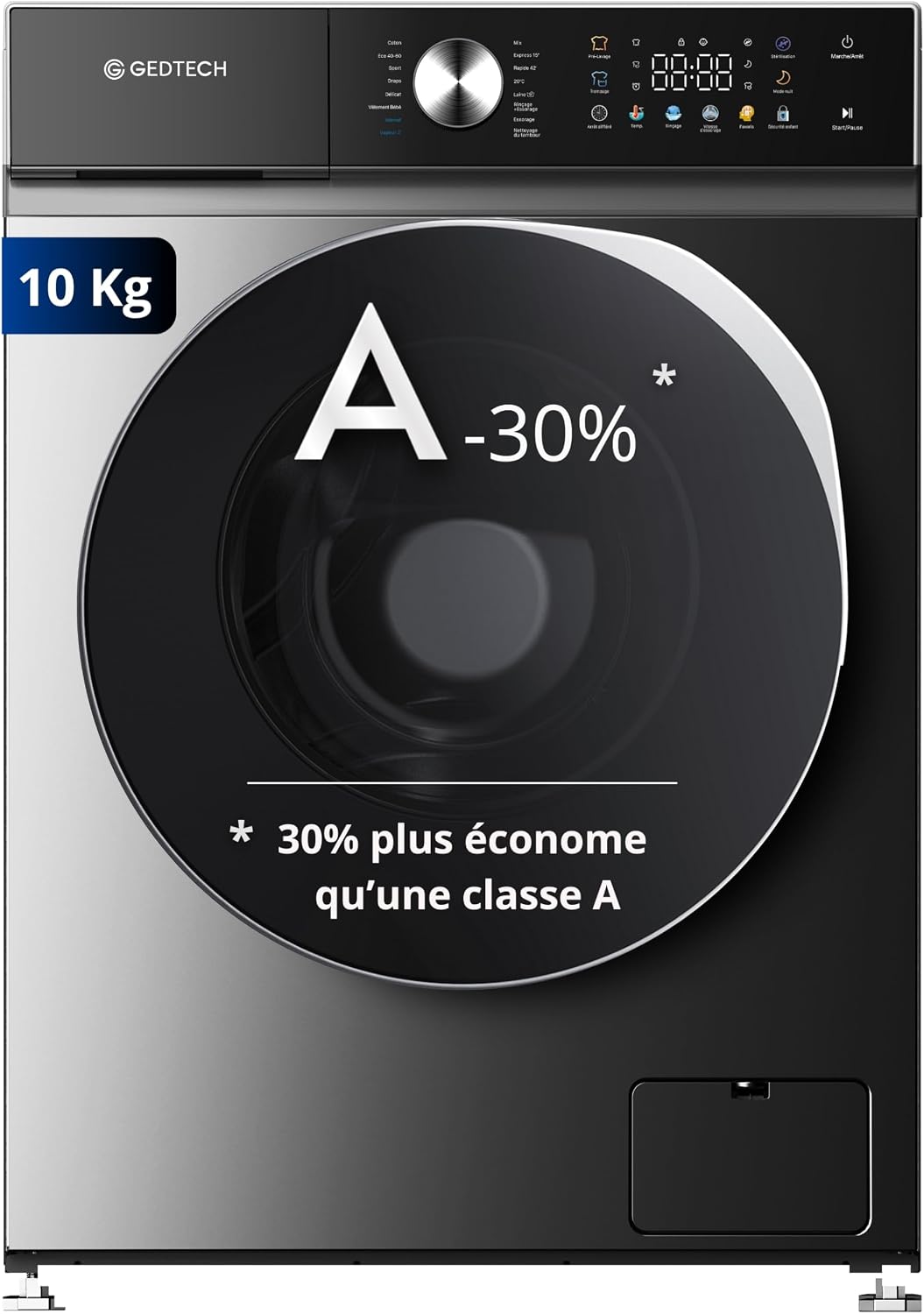 GEDTECH GLLPS101400DG Lave-linge, 10 Kg, ¨¦clairage LED, 16 programmes, 8kg, 1400 tr/mn, Panneau commande LED couleur, Dark Gris, Eco, Intensif