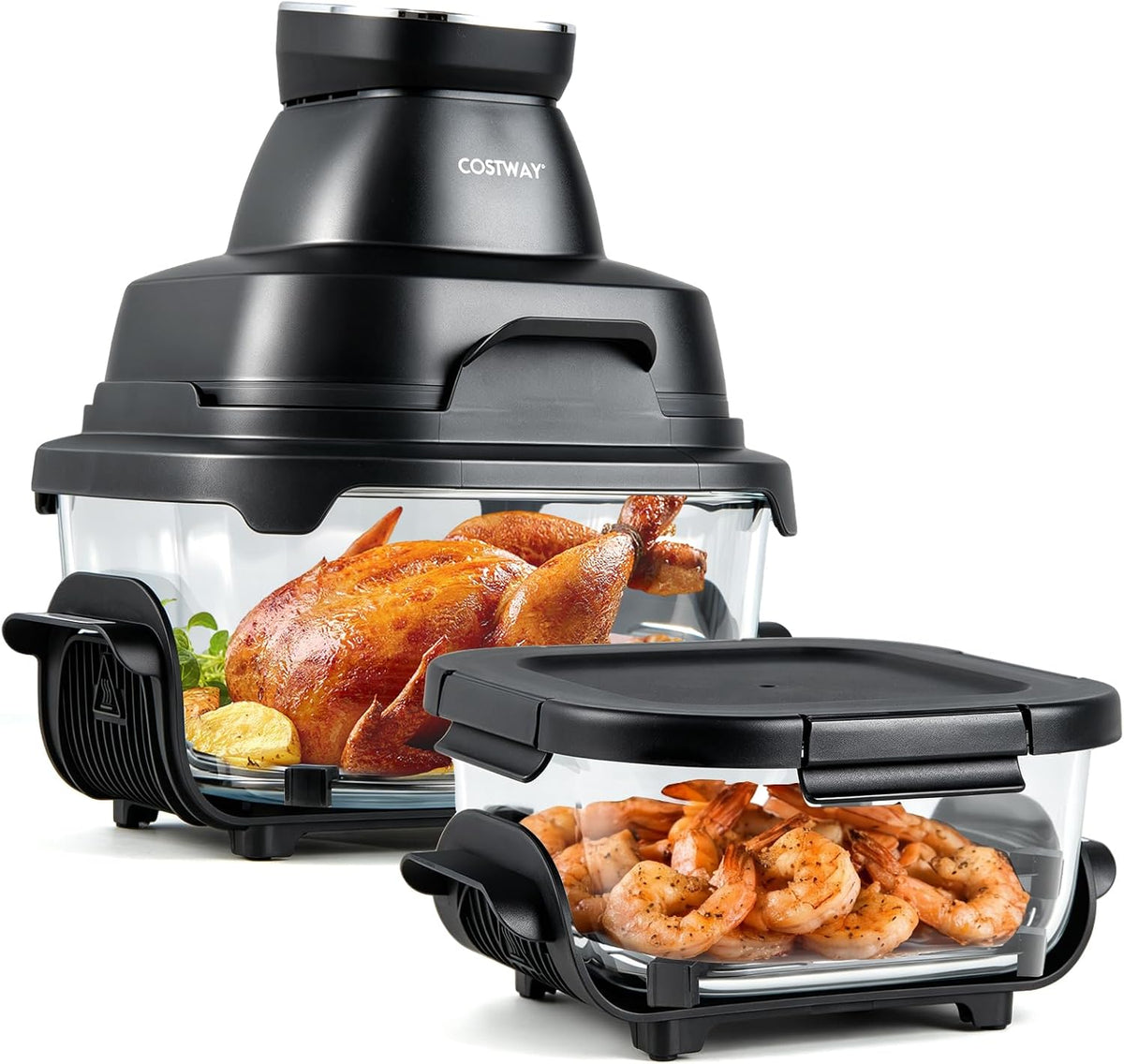 COSTWAY Friteuse sans huile, Friteuse ¨¤ air avec 2 R¨¦cipients en Verre Empilables avec Couvercles, 4 L, 1, 7 L, 1 500 W, 1500 w, 6 Programmes