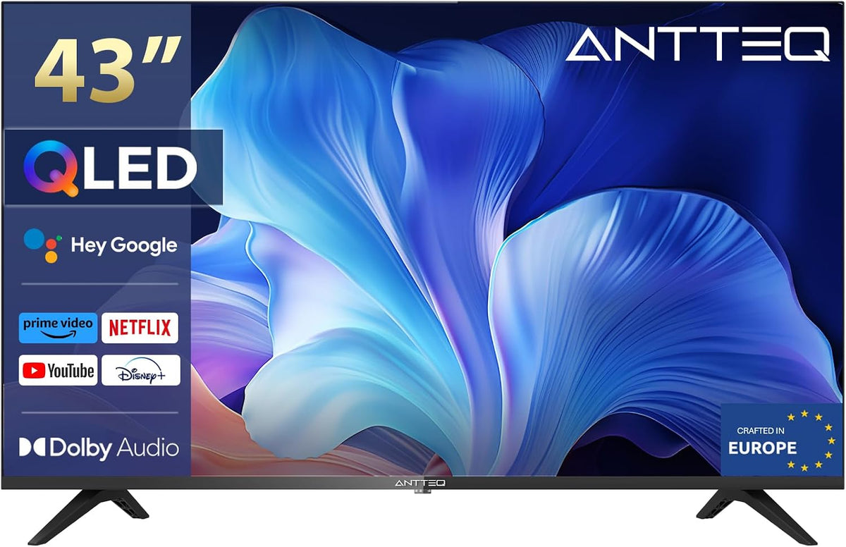 Antteq T¨¦l¨¦viseur, 43 Pouces, WiFi 2.4/5 GHz, 109 cm, Wi-Fi, Bluetooth, - Design sans Bord, Assistant Vocal Bluetooth, QLED, HDR