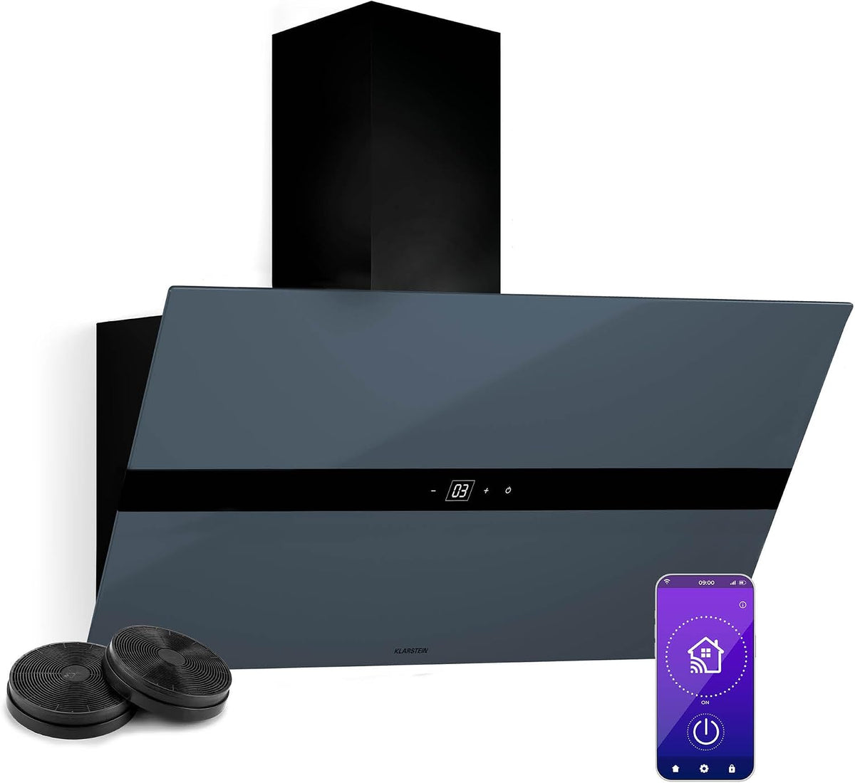 KLARSTEIN Hotte aspirante, 90 cm, LED 6000-6500 K, verre, Hotte de Cuisine, 52 dB, 110 W, Silencieuse 52 dB, 690 m3/h, Wi-Fi, Noire