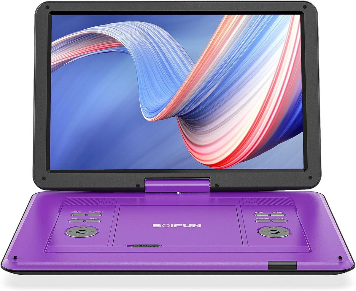 BOIFUN Lecteur DVD portable 17,5 pouces, ¨¦cran HD pivotant 15,6 pouces, batterie 6 h, USB/SD, violet