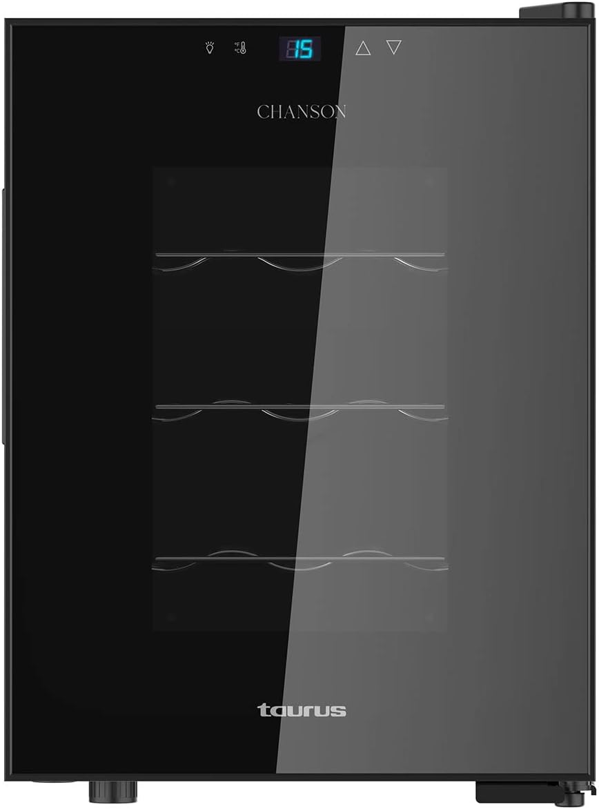 Cave ¨¤ vin, WC12T, r¨¦glable, verre, TAURUS, isolation sp¨¦ciale de l'int¨¦rieur, 12 bouteilles, 4 ¨¦tag¨¨res, temp¨¦rature r¨¦glable, noir