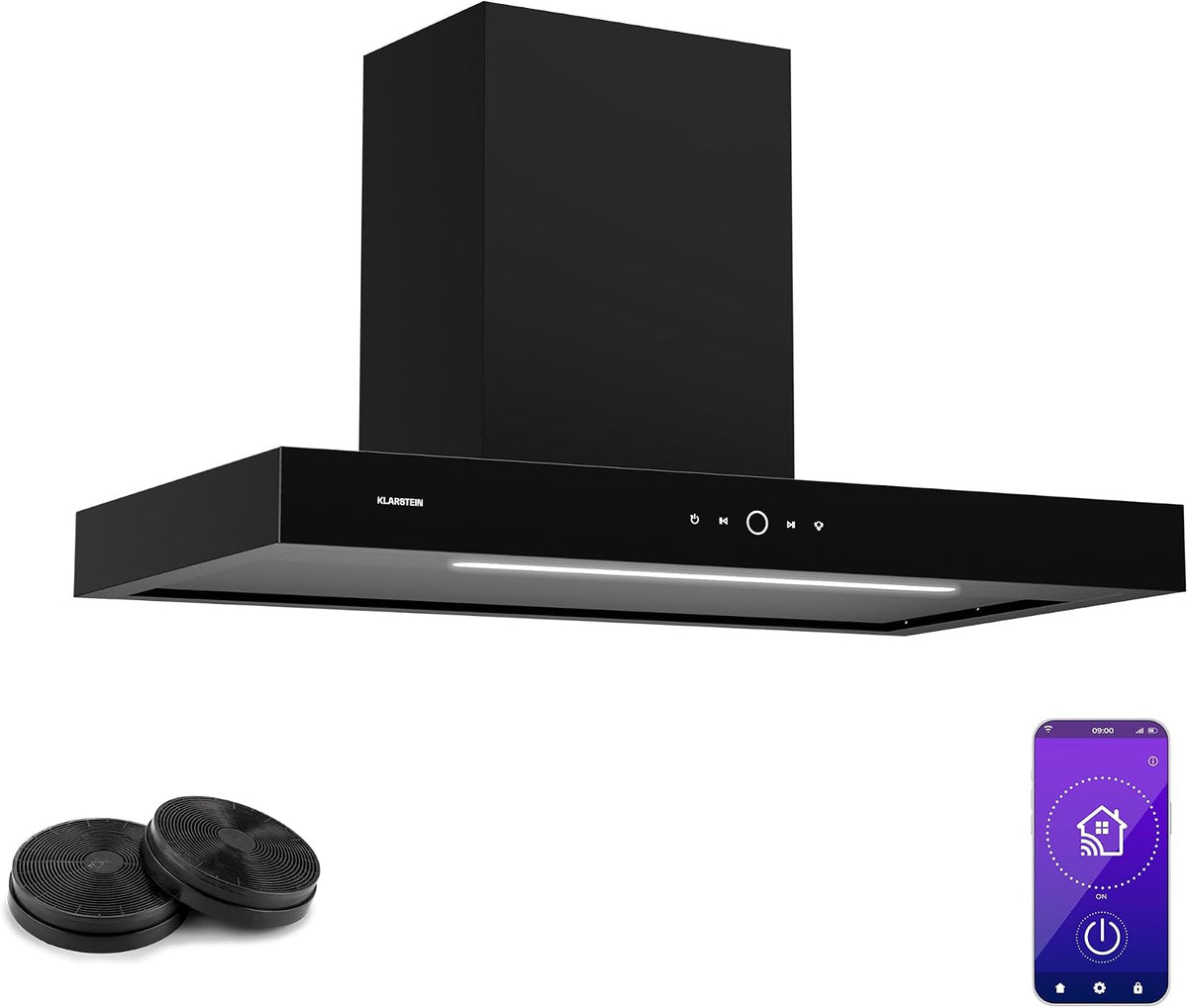 Hotte aspirante KLARSTEIN, LED 6500 K, 90 cm, Hotte Cuisine, 34 dB, Silencieuse 34 dB, 530 m3/h, 550 m3/h, D¨¦bit 530 m3/h, Wi-Fi, Noir