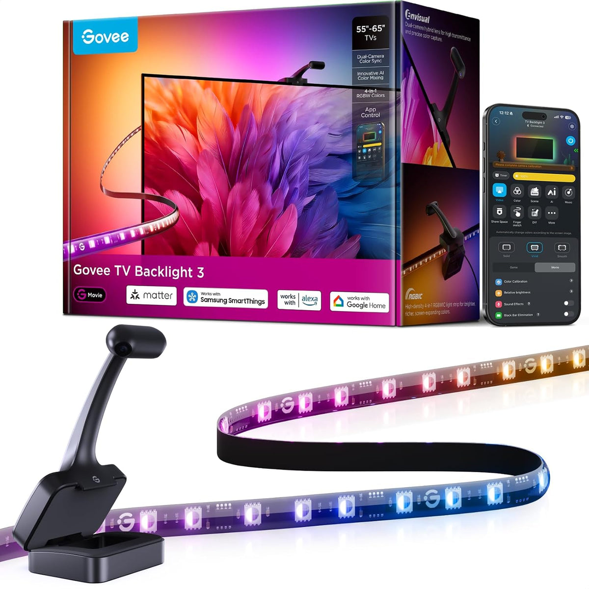 Govee TV Backlight 3 Ruban LED RGBWIC pour t¨¦l¨¦viseur 55 ¨¤ 65 pouces, double cam¨¦ra 4 Mpx, 24 zones, Matter et Alexa