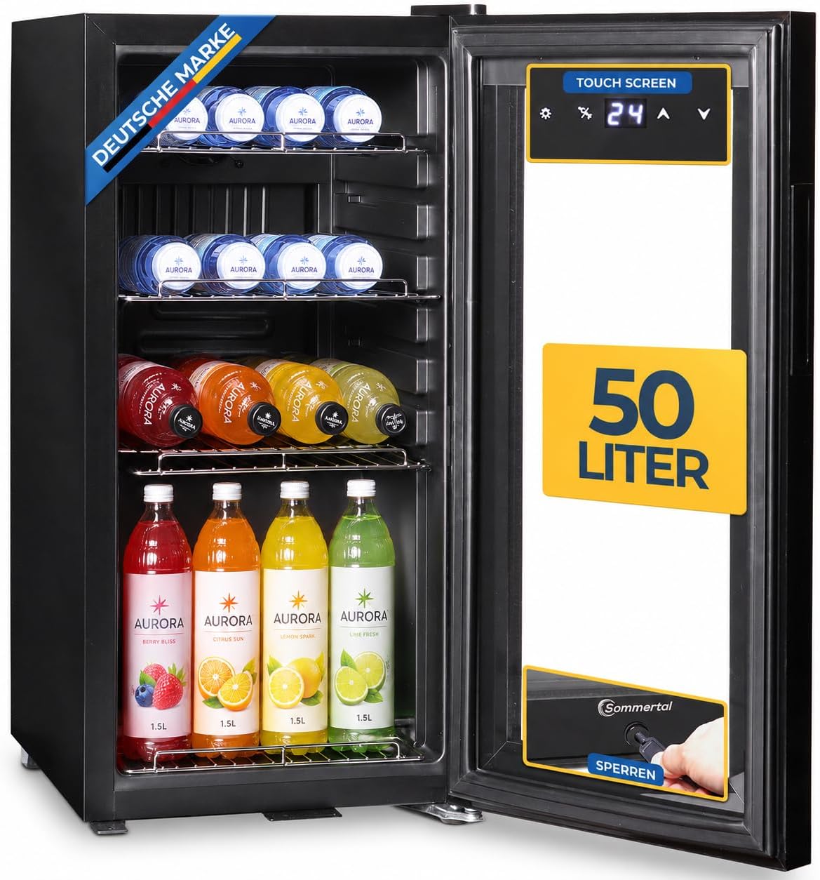 Sommertal GK50 R¨¦frig¨¦rateur, 50 l, ¨¦clairage LED, acier inoxydable, 10 ¡ãC, 2 ¡ãC, r¨¦glable, noir, commande tactile, verre