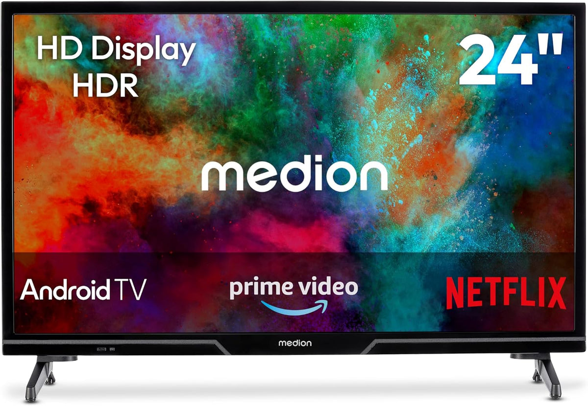 MEDION MD824100 T¨¦l¨¦viseur, 24 Pouces, t¨¦l¨¦commande, 59, 8 cm, TV 24 Pouces HD, Bluetooth, Android TV, HDR, Prime Video, PVR