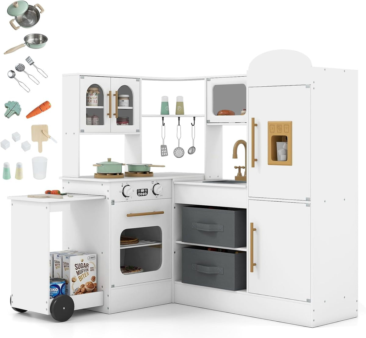 HOMASIS Cuisine jouet, pour 3+ Ans, Cuisine d'angle avec Chariot Coulissant, Blanc, Lumi¨¨re et Son, Micro-Ondes, Machine ¨¤ Gla?ons