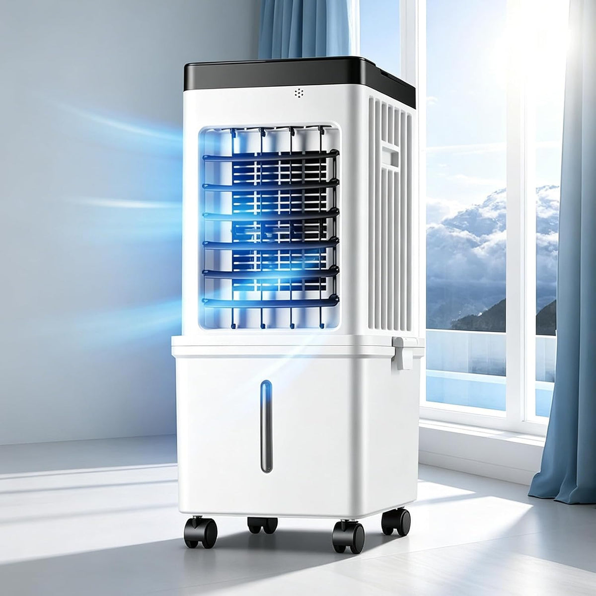 Rafra?chisseur d'air, t¨¦l¨¦commande, 15 L, 3 vitesses, 3 modes, r¨¦servoir d'eau de 15 L, 3-en-1, minuterie de 7, 5 h, ¨¦clairage LED, portable