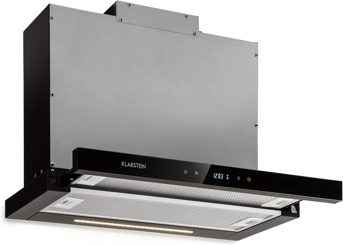 KLARSTEIN 640m3 Hotte aspirante, 67 dB, ¨¦clairage LED, verre, 3 vitesses, 3 niveaux, 60cm, 640 m3/h, r¨¦glable, Noir, minuterie, commande tactile